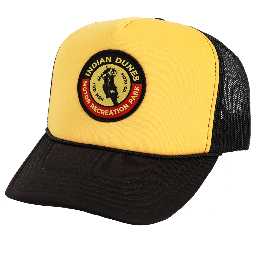 INDIAN DUNES HAT YELLOW AND BLACK WITH INDIAN DUNES MOTORCYCLE PARK ON IT