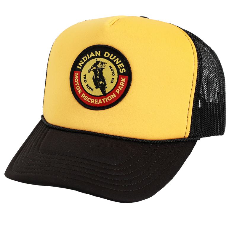 INDIAN DUNES HAT YELLOW AND BLACK WITH INDIAN DUNES MOTORCYCLE PARK ON IT